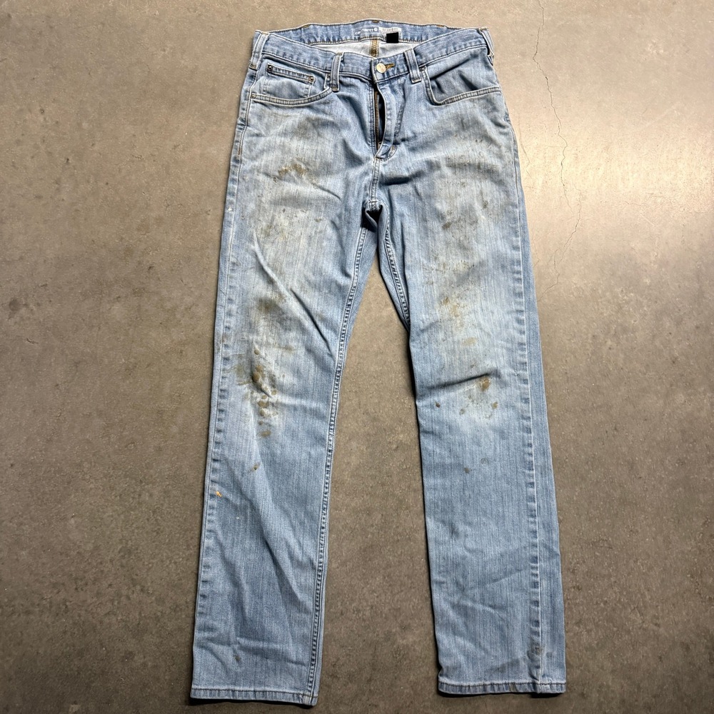 Carhartt Relaxed Fit Light Wash Denim Work Jeans 32x32 Distressed Stained